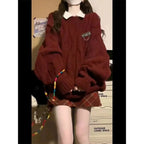 Korean Winter Red Sweater, White Shirt Plaid Pleated Skirt - Vusy Kawaii Shop