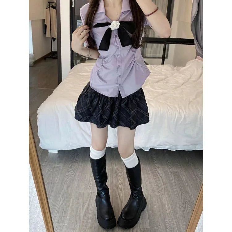 Summer Sweet Bow Slim Fit Short Sleeve JK Shirt Women - Vusy Kawaii Shop
