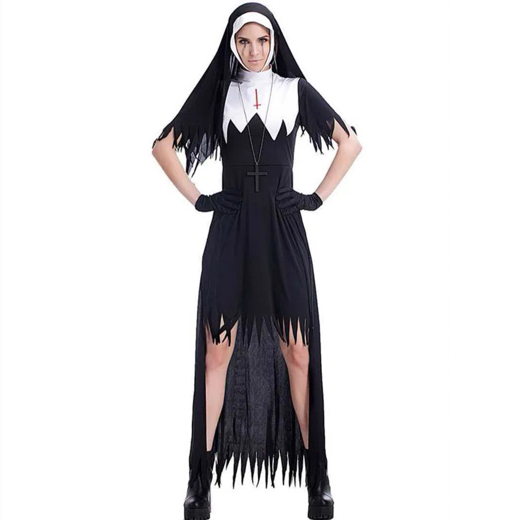 Zombie nun costume on model, front view with cross necklace and tattered dress