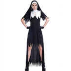 Zombie nun costume on model, front view with cross necklace and tattered dress