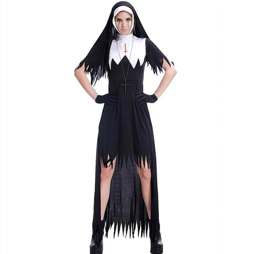 Zombie nun costume on model, front view with cross necklace and tattered dress