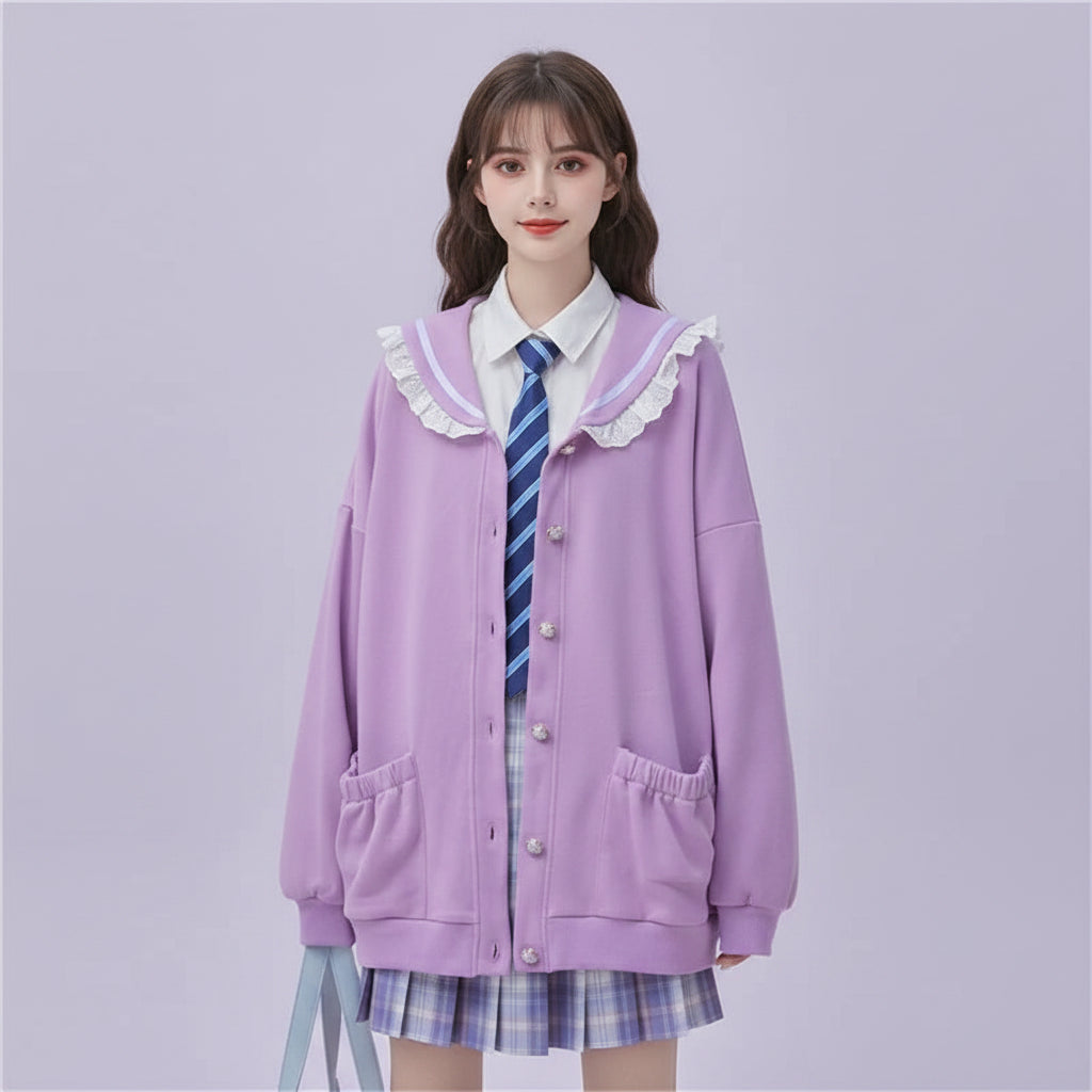Autumn Sweet Women Hoodies Loose Hooded Sailor Collar Cute Lace Patchwork Female Zip Up Hoodies - Vusy Kawaii Shop