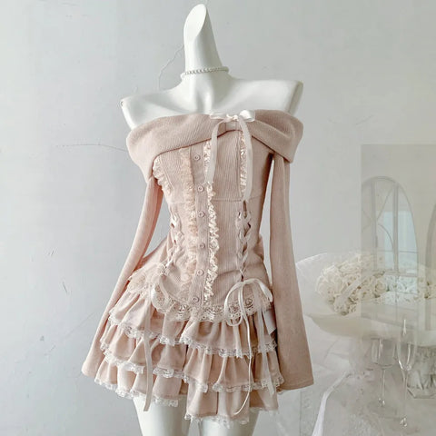 White Lace Trim Coquette Top and Mini Skirt Set front