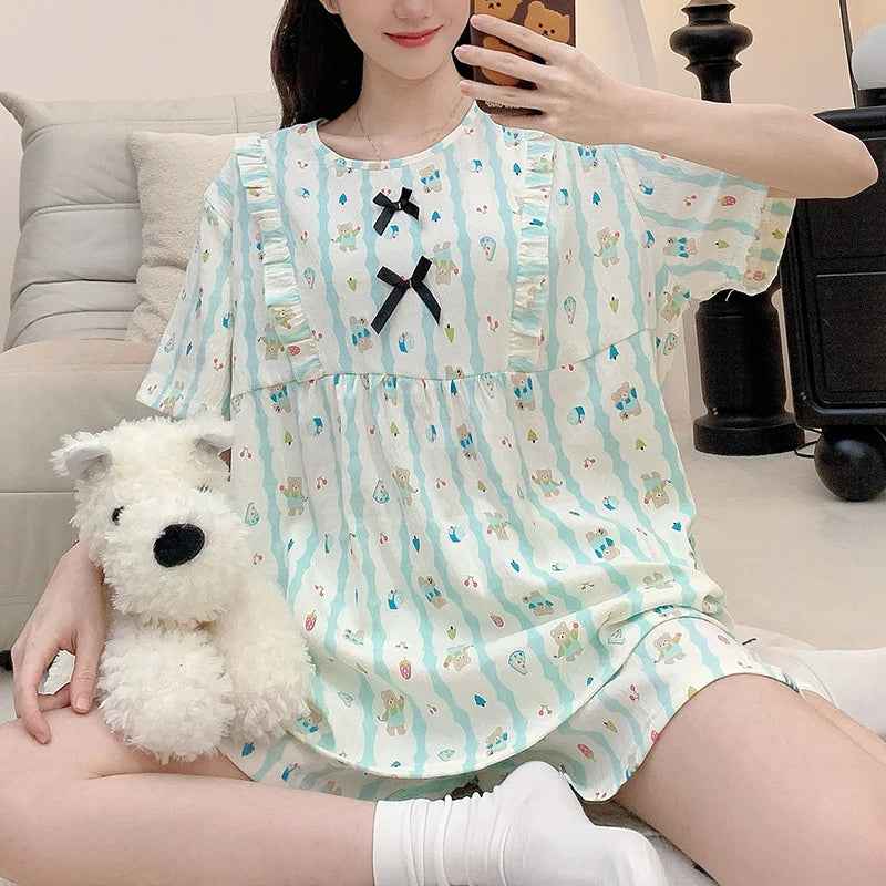 Cloud Cotton Pajamas Ladies Cartoon Striped Print Short Sleeve Shorts Student Casual Simple Nightwear Women Sleepwear 2PCS/Set