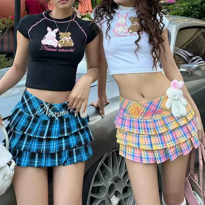 American Colored Plaid Skirt Sexy Low-Waist A-Line Cake