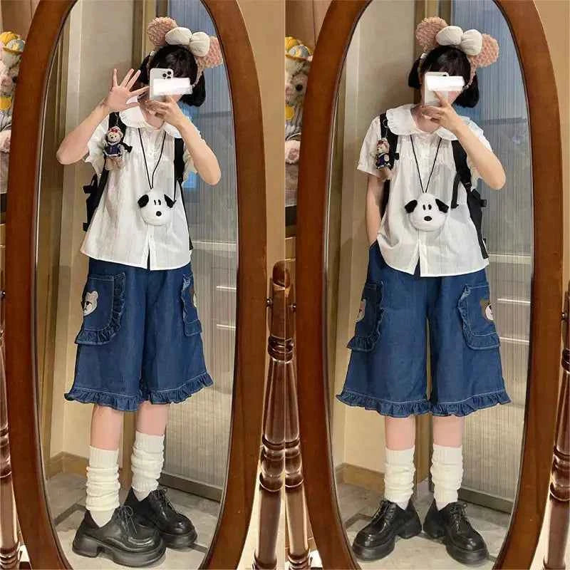 Xgoth Denim Shorts Women Cropped Jeans for Women Summer New Fashion Japanese Spicy Girl Loose Casual High Waist Wide Leg Pants