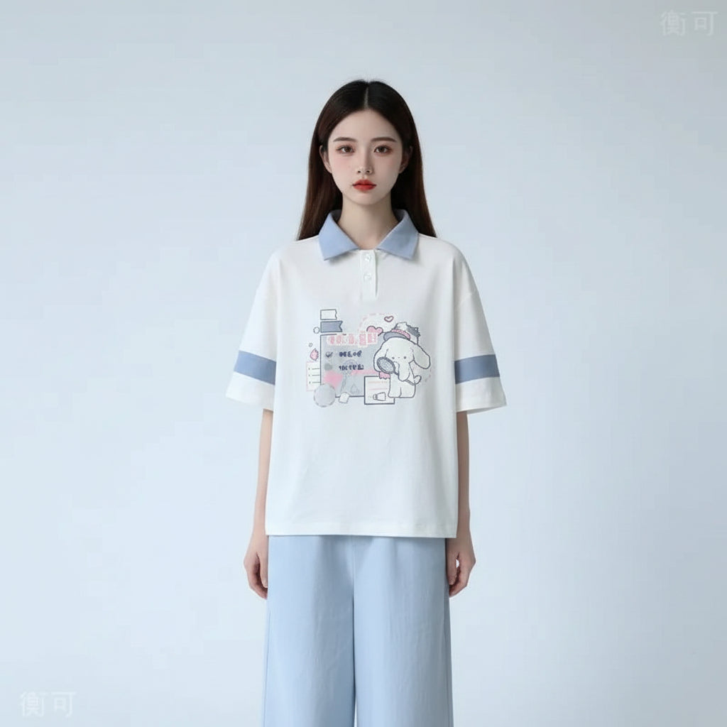 Japanese Academy Style Polo Shirt Cartoon Print Loose Short - Vusy Kawaii Shop