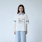 Japanese Academy Style Polo Shirt Cartoon Print Loose Short - Vusy Kawaii Shop