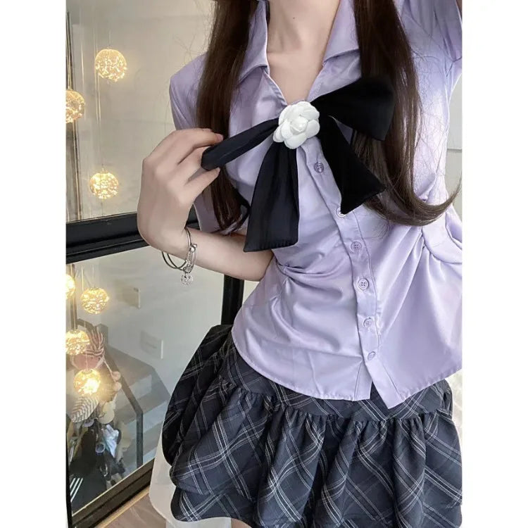 Summer Sweet Bow Slim Fit Short Sleeve JK Shirt Women - Vusy Kawaii Shop