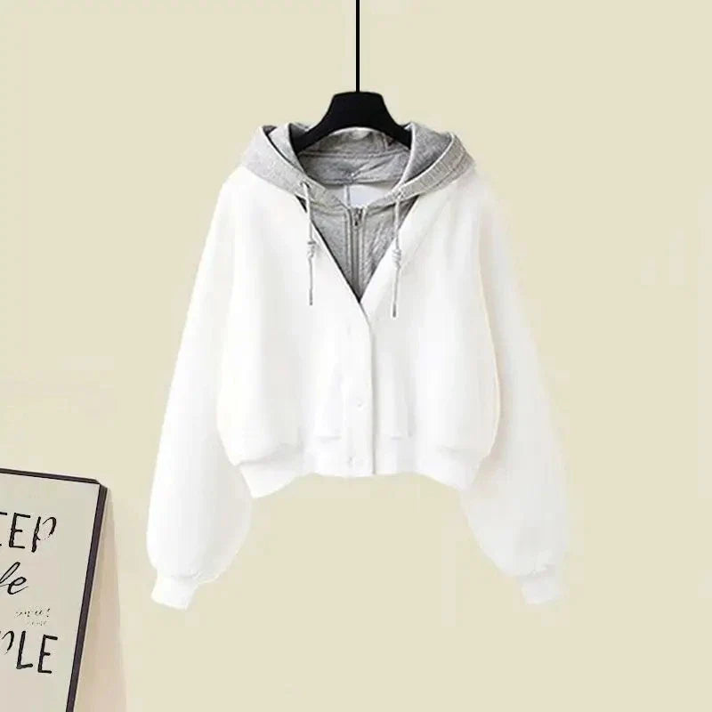 Winter Fake Two-Piece Hooded Sweatshirt Jacket and Knit - Vusy Kawaii Shop