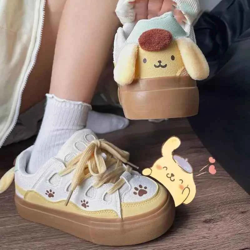 Anime Sanrios Shoes Woman Anti-Slip Sneakers Cartoon Pompom Purins Student Versatile Skate Shoes Girls Kawaii Thick Soled Shoes