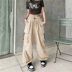 Women Wide Leg Baggy Pants Solid Drawstring Y2K Oversized Pockets Cargo Trousers Female Hip Hop Streetwear Lady 2025 Sweatpants
