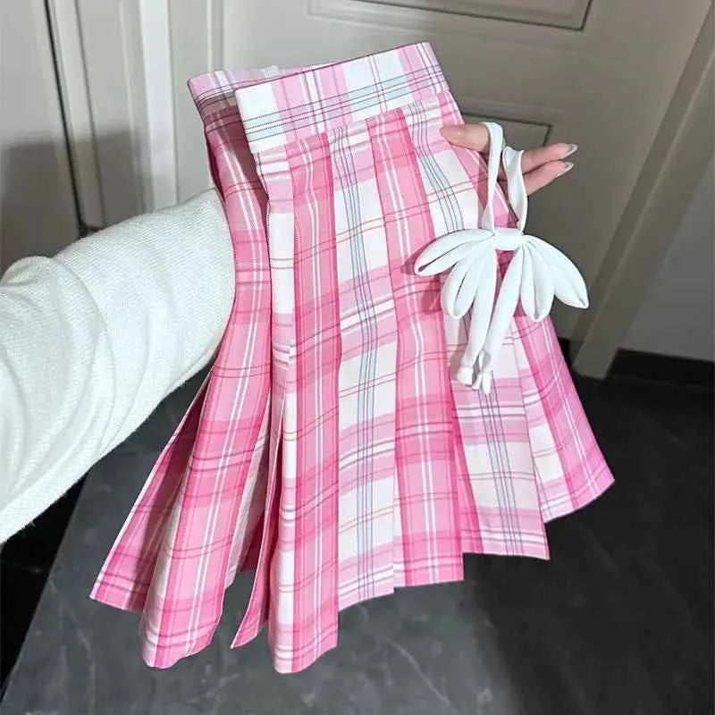 Sweet White Pink Plaid JK Skirt Preppy Style A-Line Pleated