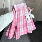 Sweet White Pink Plaid JK Skirt Preppy Style A-Line Pleated
