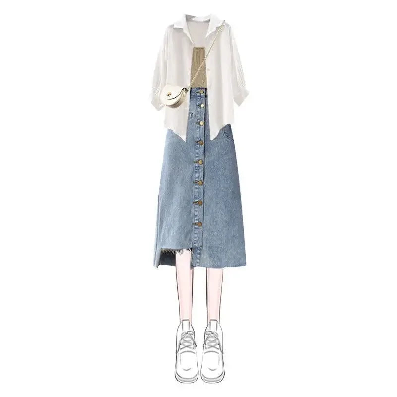 Women Spring-Summer Fashion Denim Dress Matching Set Korean - Vusy Kawaii Shop