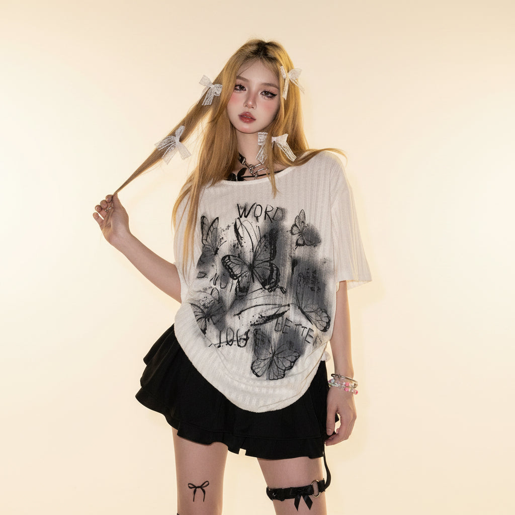 Butterfly Secret Realm Black Short Sleeved T-Shirt Loose - Vusy Kawaii Shop