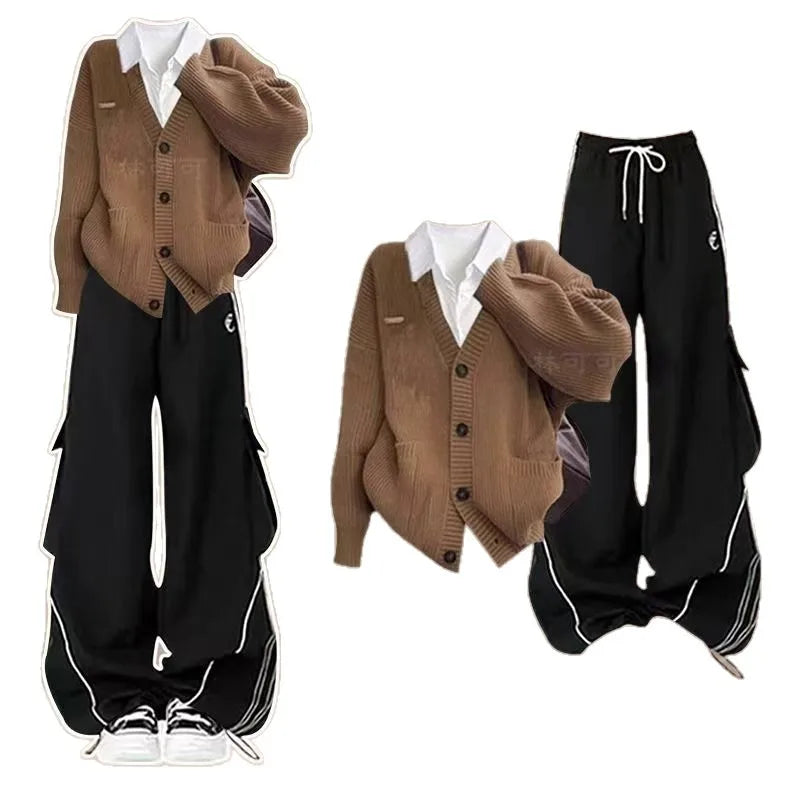 Camel Cardigan Shirt and Black Cargo Pants Set, full outfit collage with model, cardigan detail and cargo pants