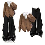 Camel Cardigan Shirt and Black Cargo Pants Set, full outfit collage with model, cardigan detail and cargo pants
