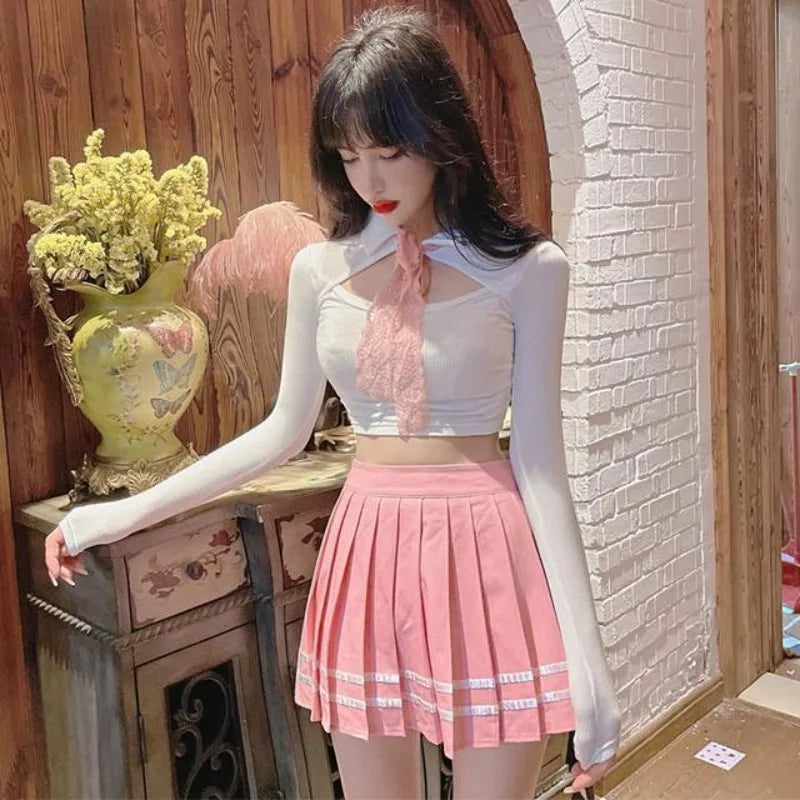 Fashion Lapel Neck Hollow Out JK T-Shirts and High Waist - Vusy Kawaii Shop