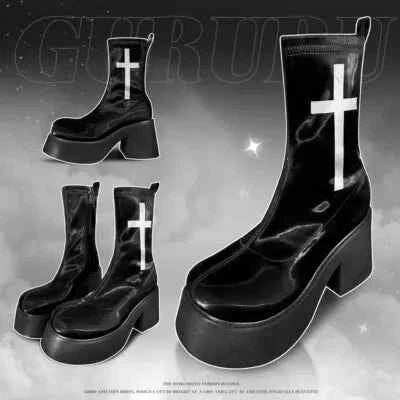 GURURU's Original Gothic Cross Elastic Boots With Thick Soles High Sponge Soles Short Boots PU Fashion Shoes
