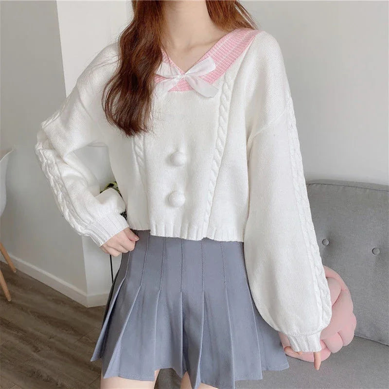 Sweet Autumn Lantern Sleeve V Neck Pullovers Wild Knitted - Vusy Kawaii Shop