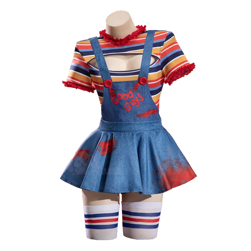 Bride of Chucky cosplay costume front view with striped bodysuit, denim overall skirt and striped socks on mannequin