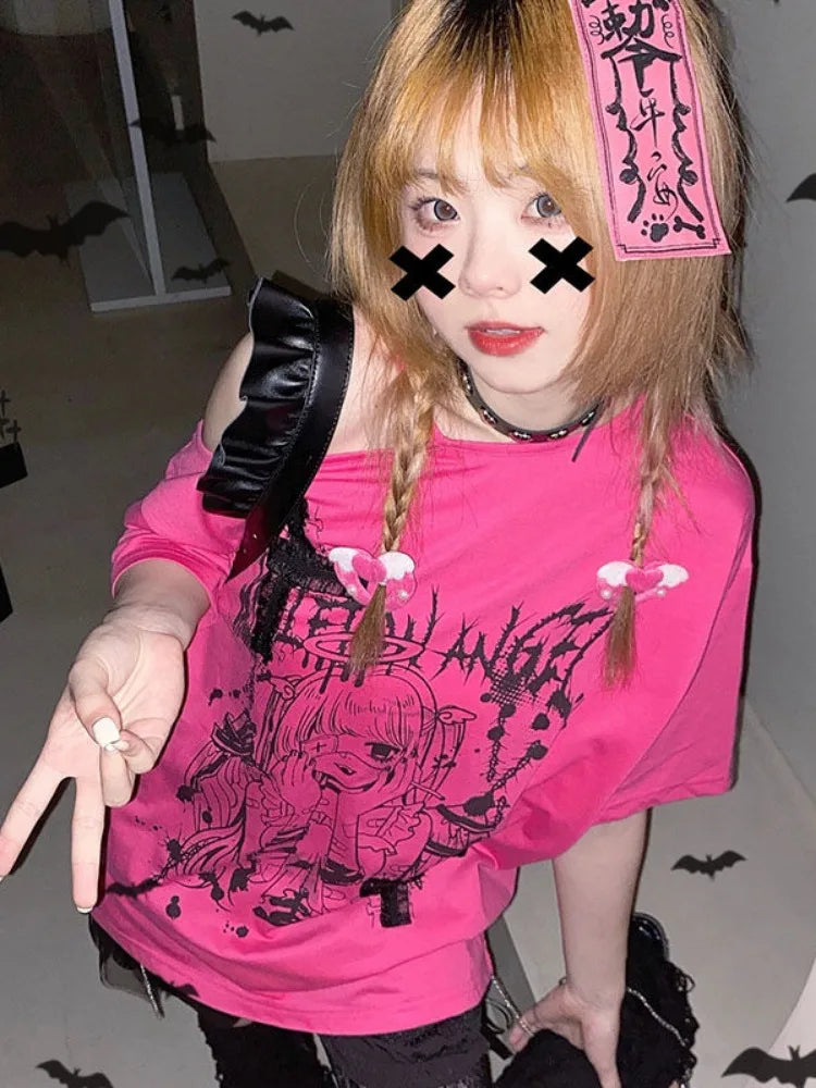 Oversized Streetwear Punk Hollow Out Tops Aesthetic Cartoon - Vusy Kawaii Shop