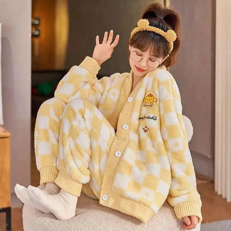 Kawaii Sanrios My Melody Pajamas Women Autumn Winter Thickened Plush Pompom Purins Kuromi Flannel Cinnamoroll Home Clothes Suit