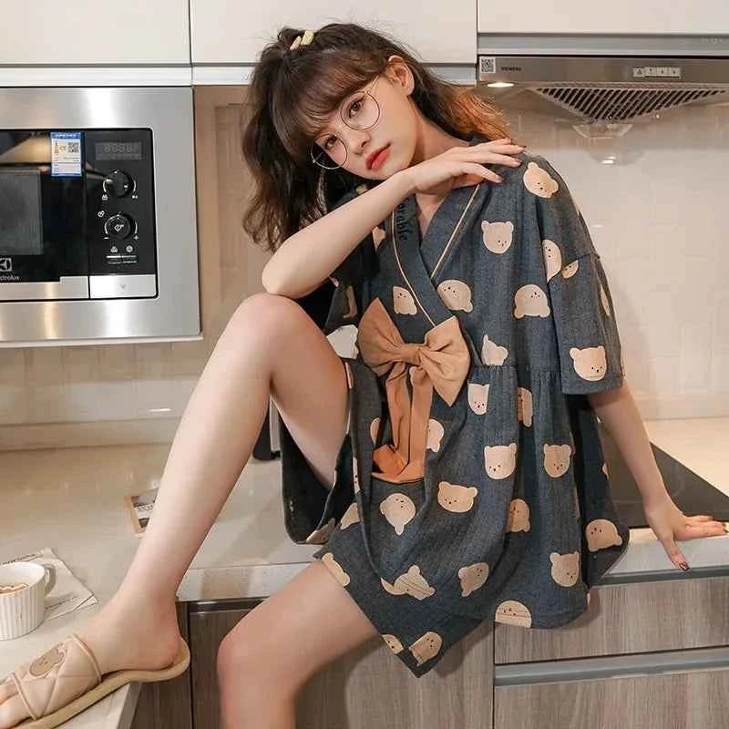 Japan Summer Sweet kimano Women's Short Sleep Tops Shorts pajamas set Ladies Sweet home clothes Sleepwear women's pajamas 2022