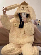 Sanrios My Melody Women's Pajamas Anime Kawaii Pompom Purins Coral Velvet Thickened Cute Hooded Zipper Home Wear Nightgown Suit