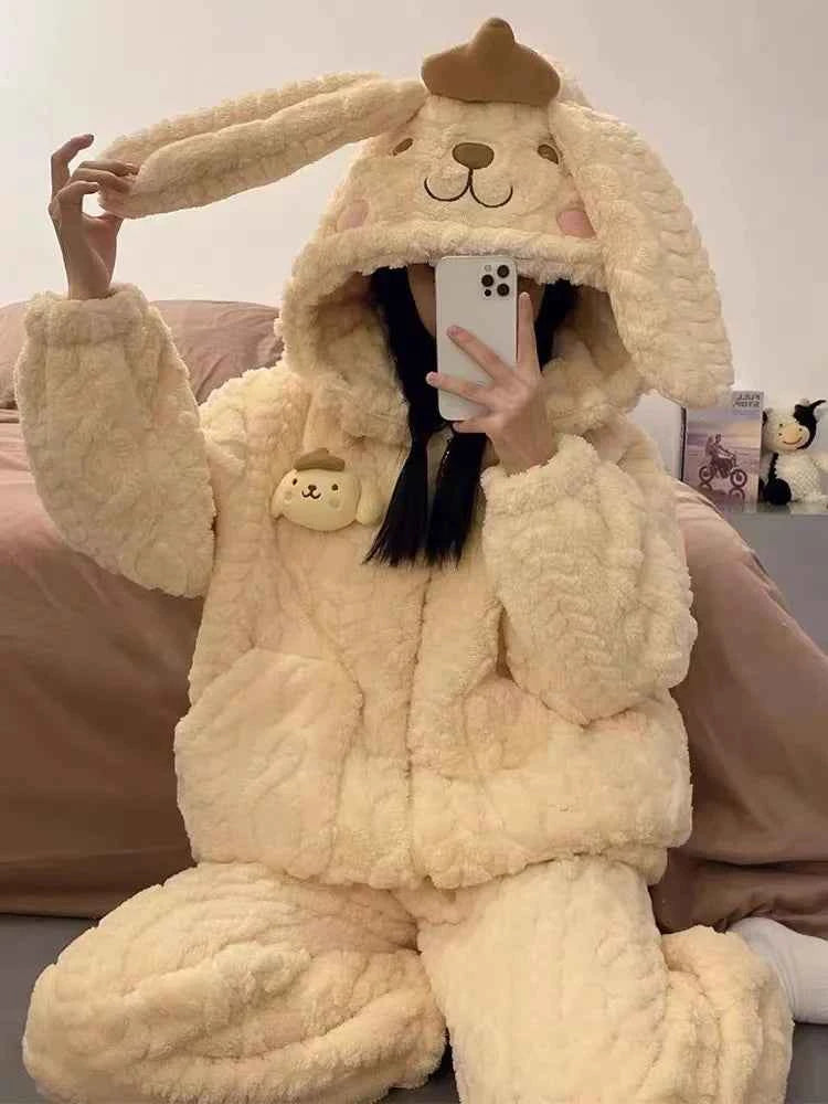 Sanrios My Melody Women's Pajamas Anime Kawaii Pompom Purins Coral Velvet Thickened Cute Hooded Zipper Home Wear Nightgown Suit