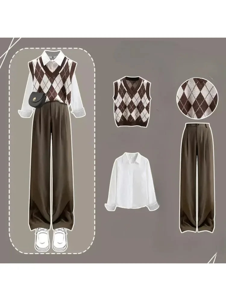 Pants Sets Contrast Plaid V Neck Knitted Vest White Shirt - Vusy Kawaii Shop