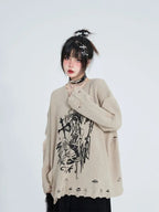 Khaki Ripped Sweater Spring-Autumn Lazy Style Cartoon Girl - Vusy Kawaii Shop