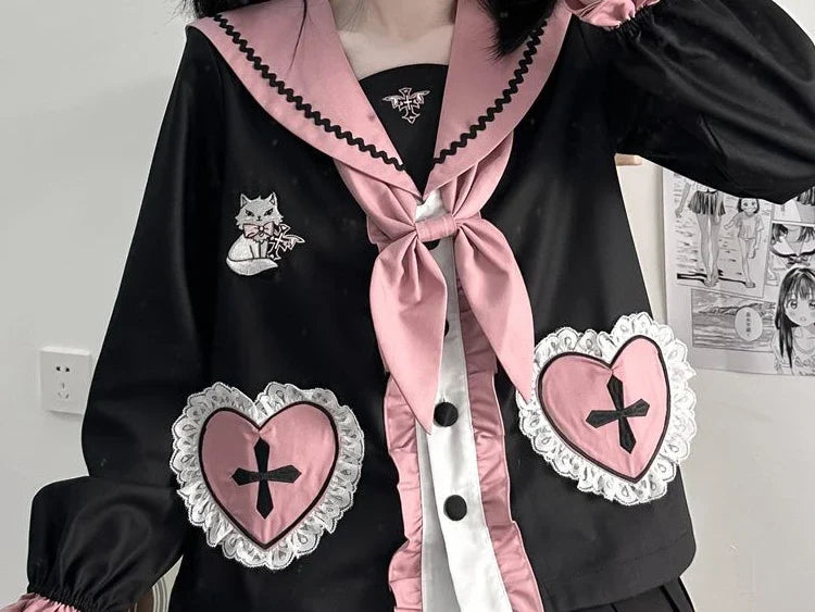 Kawaii Cat Embroidery Blouse and Pleated Mini Skirt Set closeup