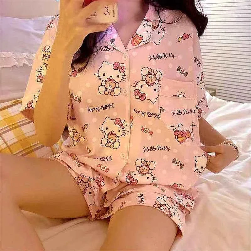 Sweet Hello Kitty Girls Pajama Sets Loose Soft Sanrio Cartoon Kuromi Cute Womens Nightgown Short Sleeve Sleepwear Clothes Summer
