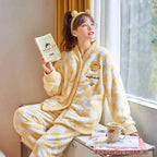 Kawaii Sanrios My Melody Pajamas Women Autumn Winter Thickened Plush Pompom Purins Kuromi Flannel Cinnamoroll Home Clothes Suit