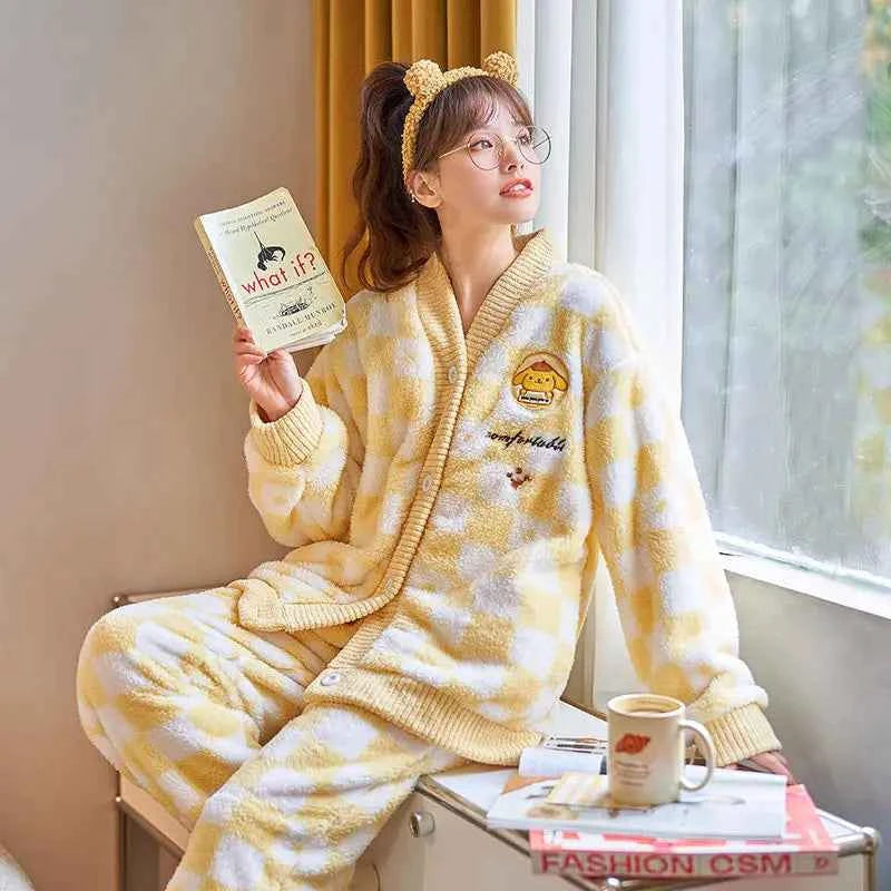 Kawaii Sanrios My Melody Pajamas Women Autumn Winter Thickened Plush Pompom Purins Kuromi Flannel Cinnamoroll Home Clothes Suit