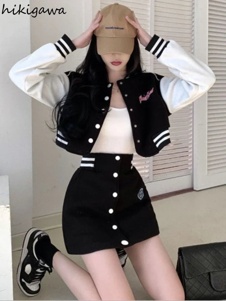 Fashion Two Piece Sets Outfits Letter Long Sleeve Crop Coat - Vusy Kawaii Shop