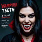 Four pairs of white vampire fangs in different sizes, close up