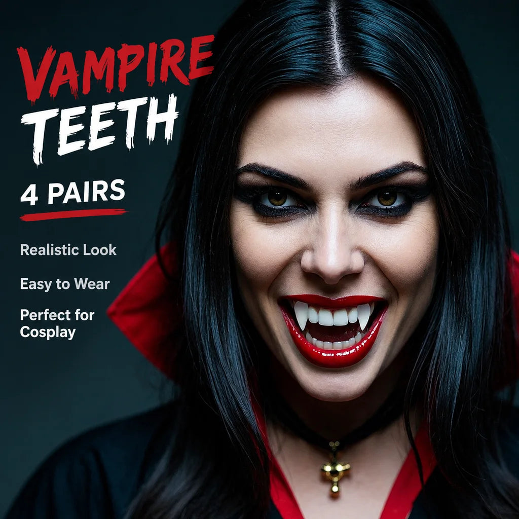 Four pairs of white vampire fangs in different sizes, close up