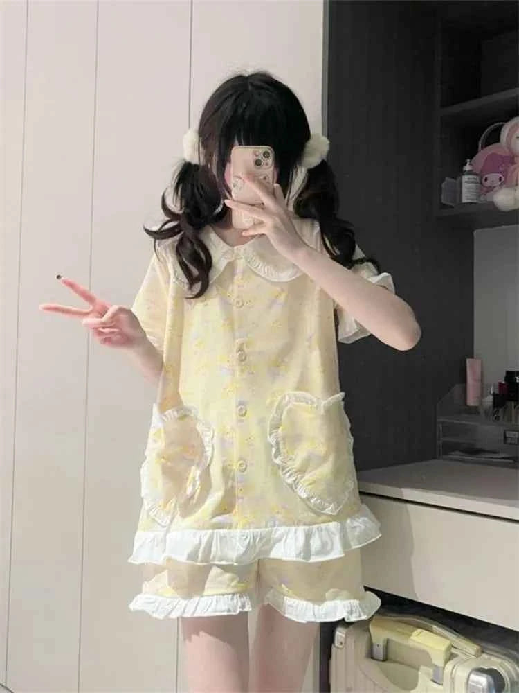 Sweet Sleepwear Women Pajama Sets Lingerie Cartoon Print Short Sleeve Tops Shorts Japanese Loungewear Kawaii Ruffles Pajamas New
