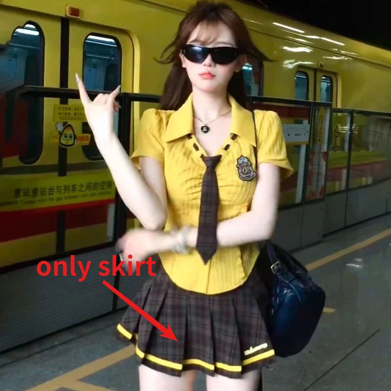 Summer Lapel Neck Slim Fit Short Sleeve Yellow Top - Vusy Kawaii Shop