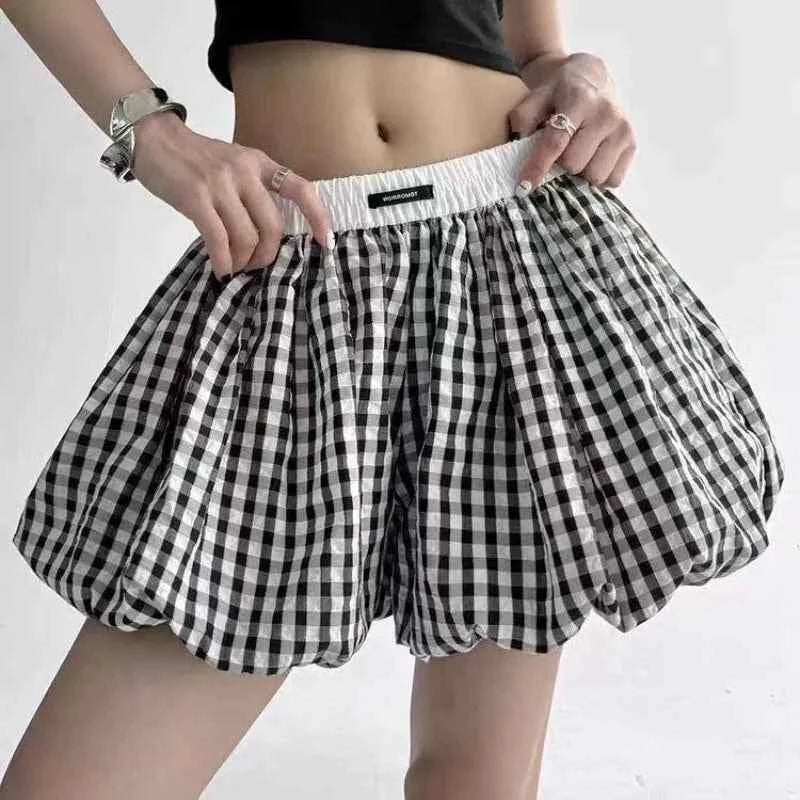 Sweet Pink Plaid Flower Bud Shorts Skirt Summer High Waist