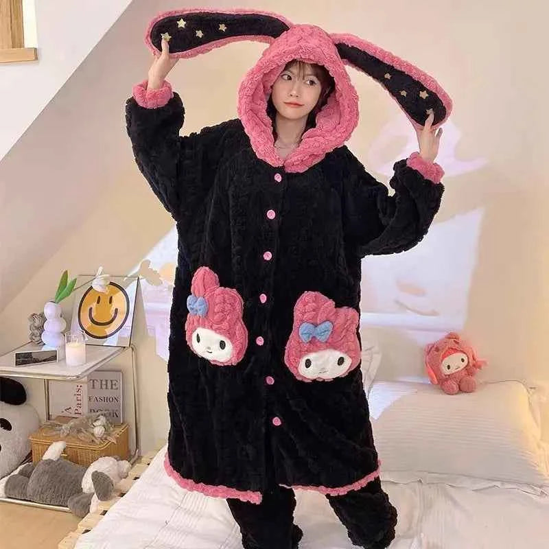 2Pcs Anime Sanrioed Pajamas Pants Women Kawaii My Melody Coral Fleece Pajamas Robe Winter Warm Female Flannel Cute Home Clothes