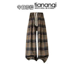 Colorblock Knit Cardigan and Plaid Pants Set, brown plaid wide-leg pants with white drawstring, flat lay
