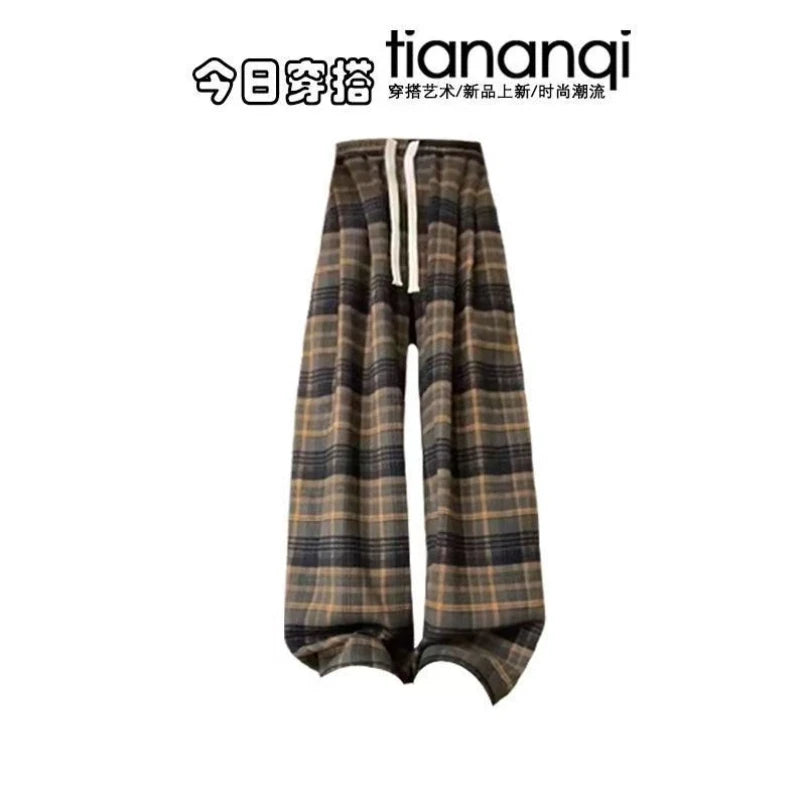 Colorblock Knit Cardigan and Plaid Pants Set, brown plaid wide-leg pants with white drawstring, flat lay