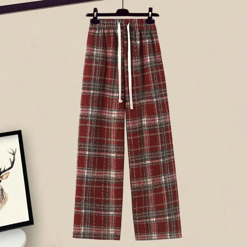 Burgundy Cable Knit Sweater and Plaid Pants Set, red plaid wide-leg drawstring pants on hanger