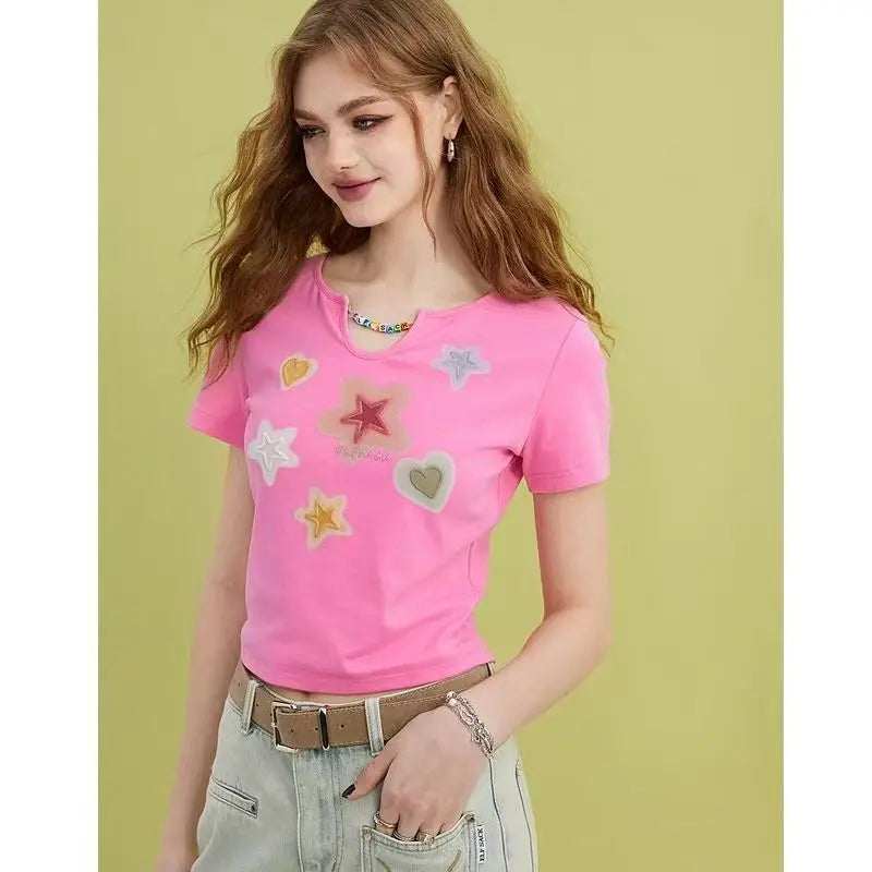 Women Summer Fashion Star Print Chain Slim Short T-Shirts - Vusy Kawaii Shop