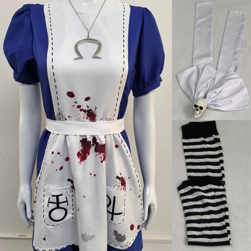 Alice Madness Returns bloody dress with skull bow tie and striped socks