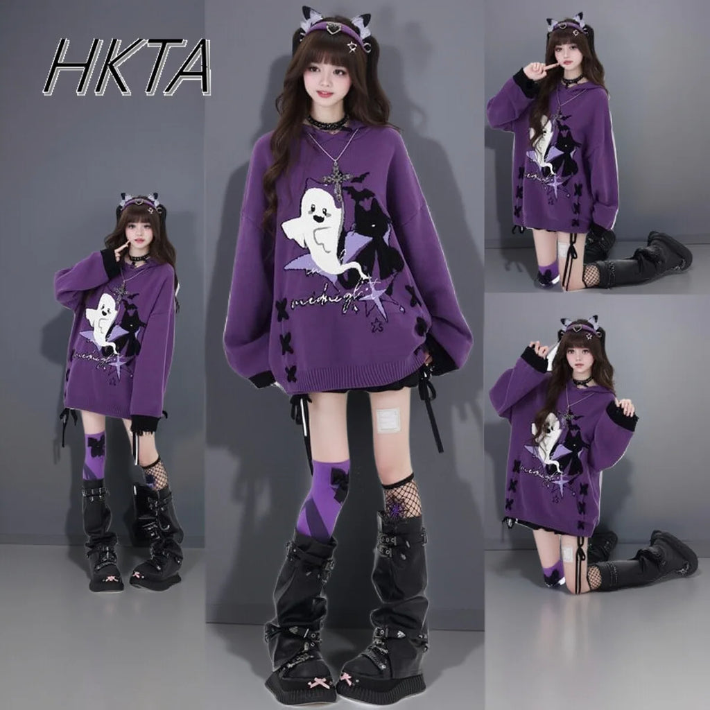 Model in purple Y2K ghost knit sweater with ghost, bat and star print, three poses